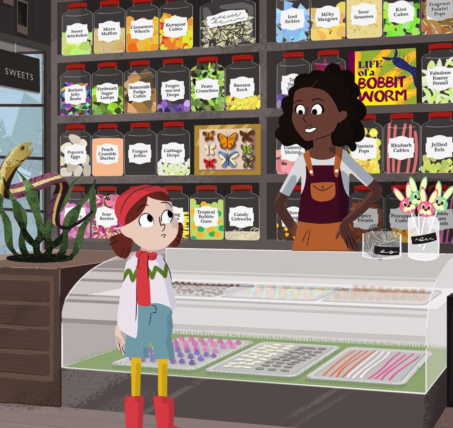 A still from the Melva game showing Melva in a sweet shop