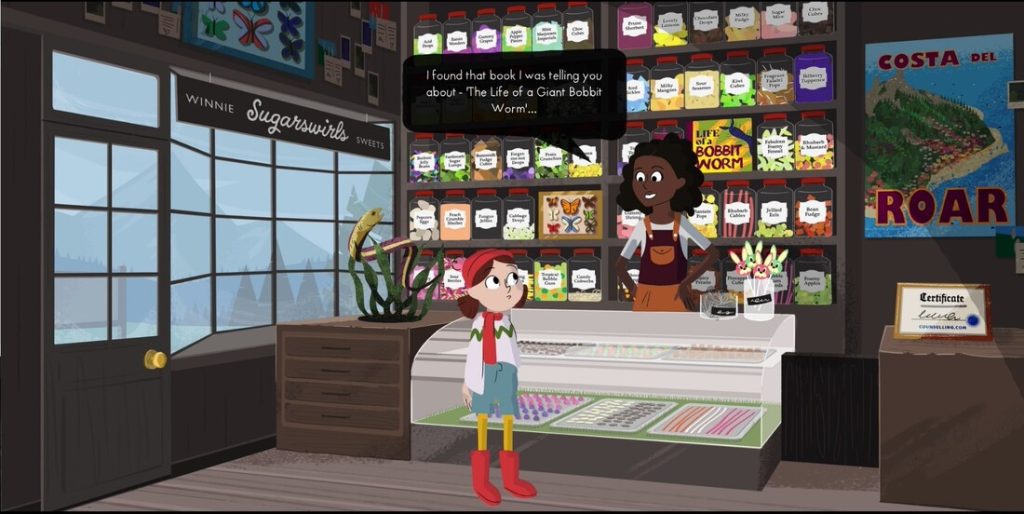 A screenshot from the Melva game of Melva in a sweet shop