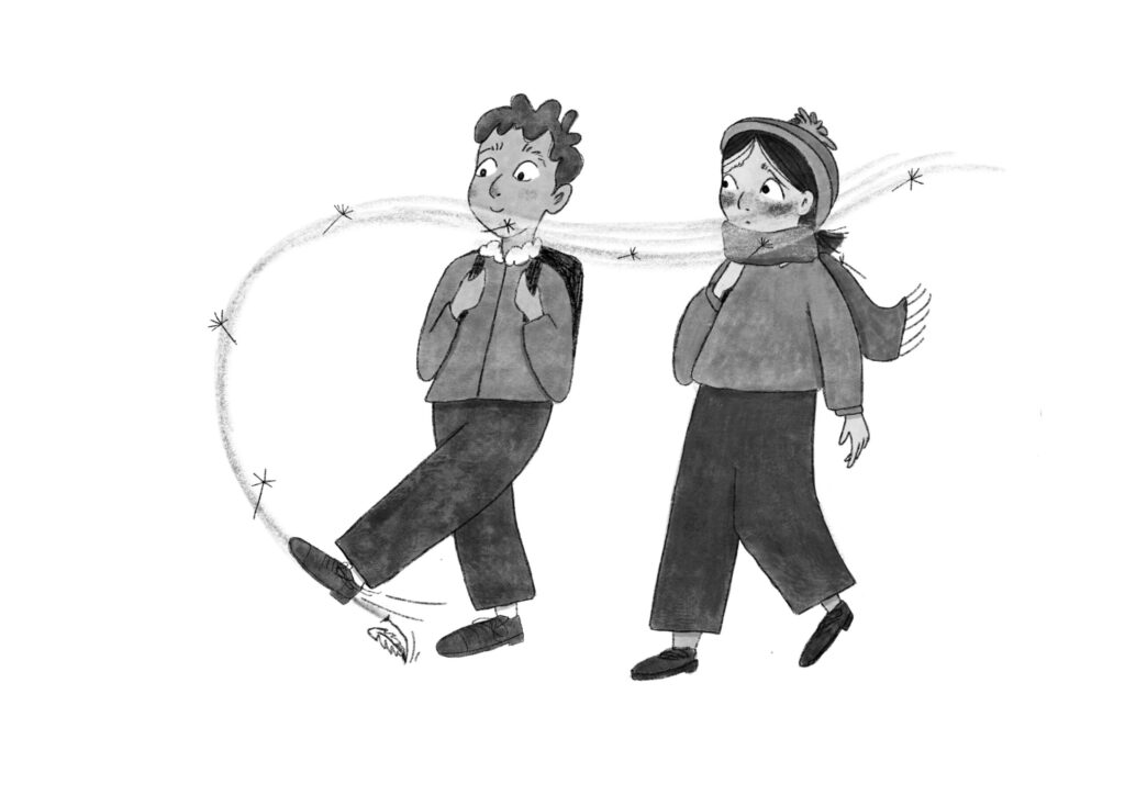 Barnabus kicks a dandelion than floats around he and Melva as they walk beside each other