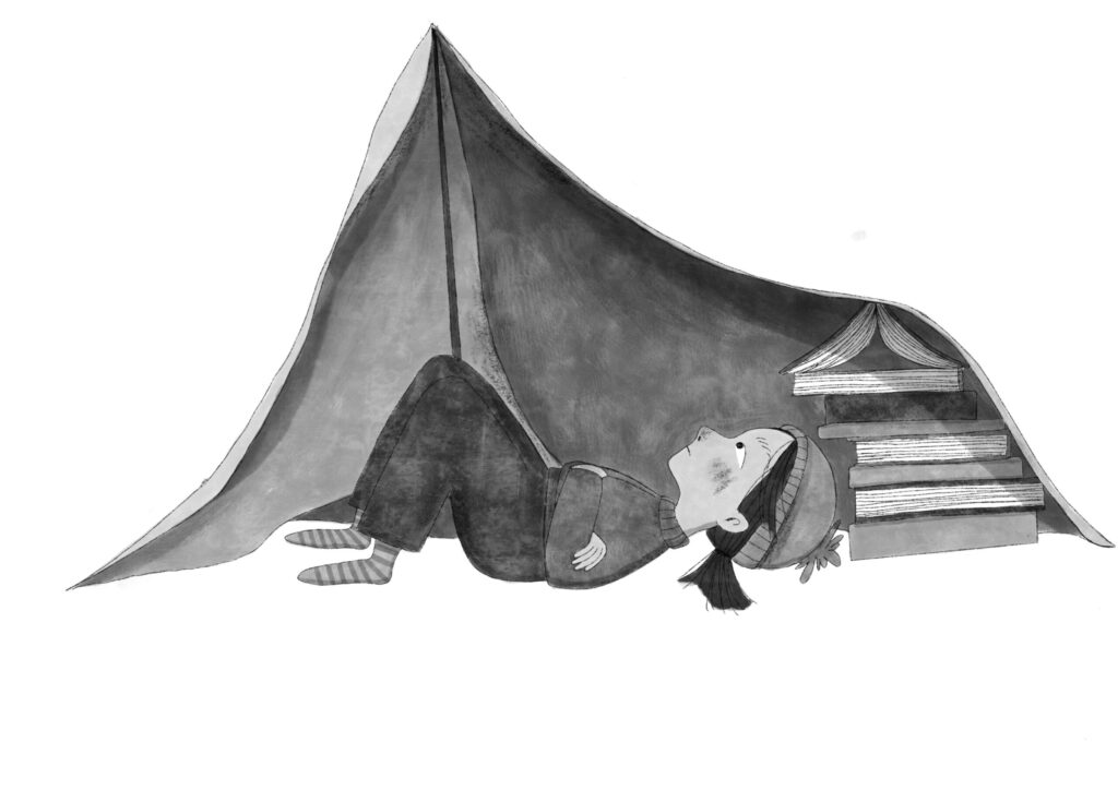 Melva in her make shift den full of books, led on her back looking up hopeless