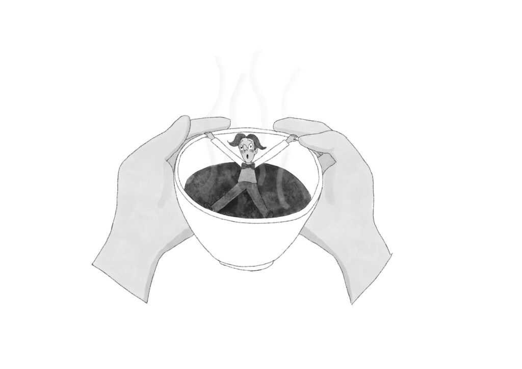 Gideon's tiny body clinging onto the edges of a coffee cup, trying not to fall in