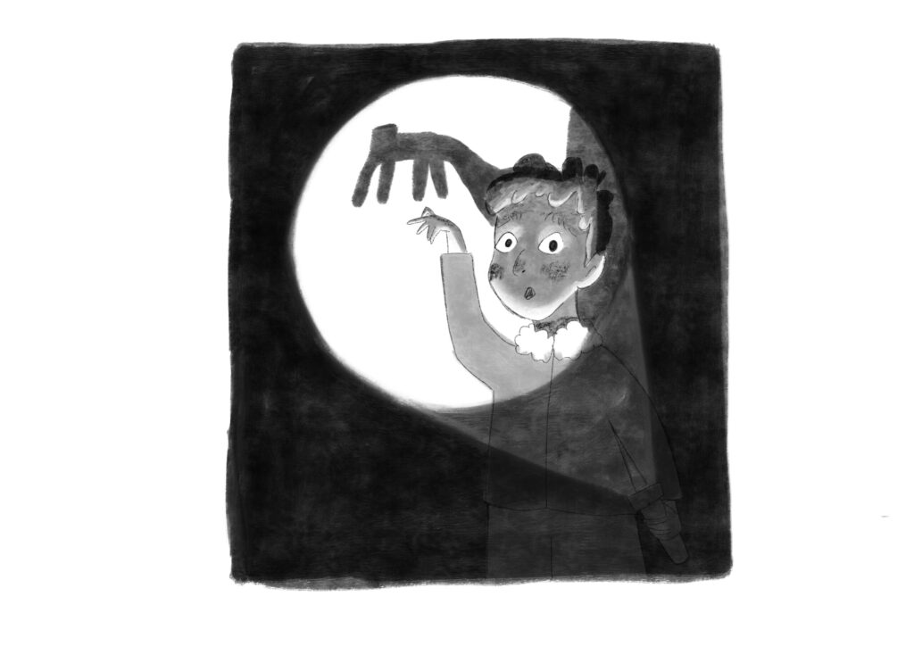 Barnabus telling a spooky story with shadow puppets